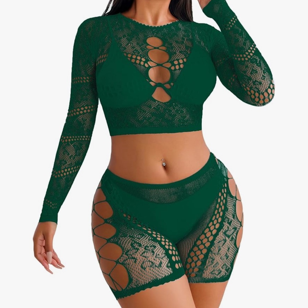 2 Piece Set Elegant Green Lace Lingerie Long Sleeve Crop Top Shorts
